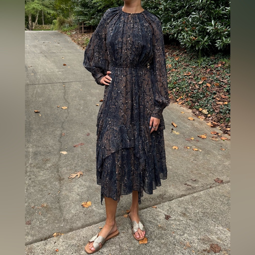 Women's Navy Patterned Long Sleeve Midi Dress